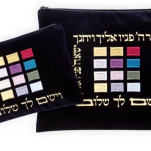 סט כיסוי לטלית ותפילין קטיפה כחולה – דגם חושן צבעוני זהב