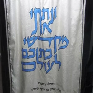 פרוכת "ונתתי מקדשי בתוכם לעולם" בגוונים עדינים