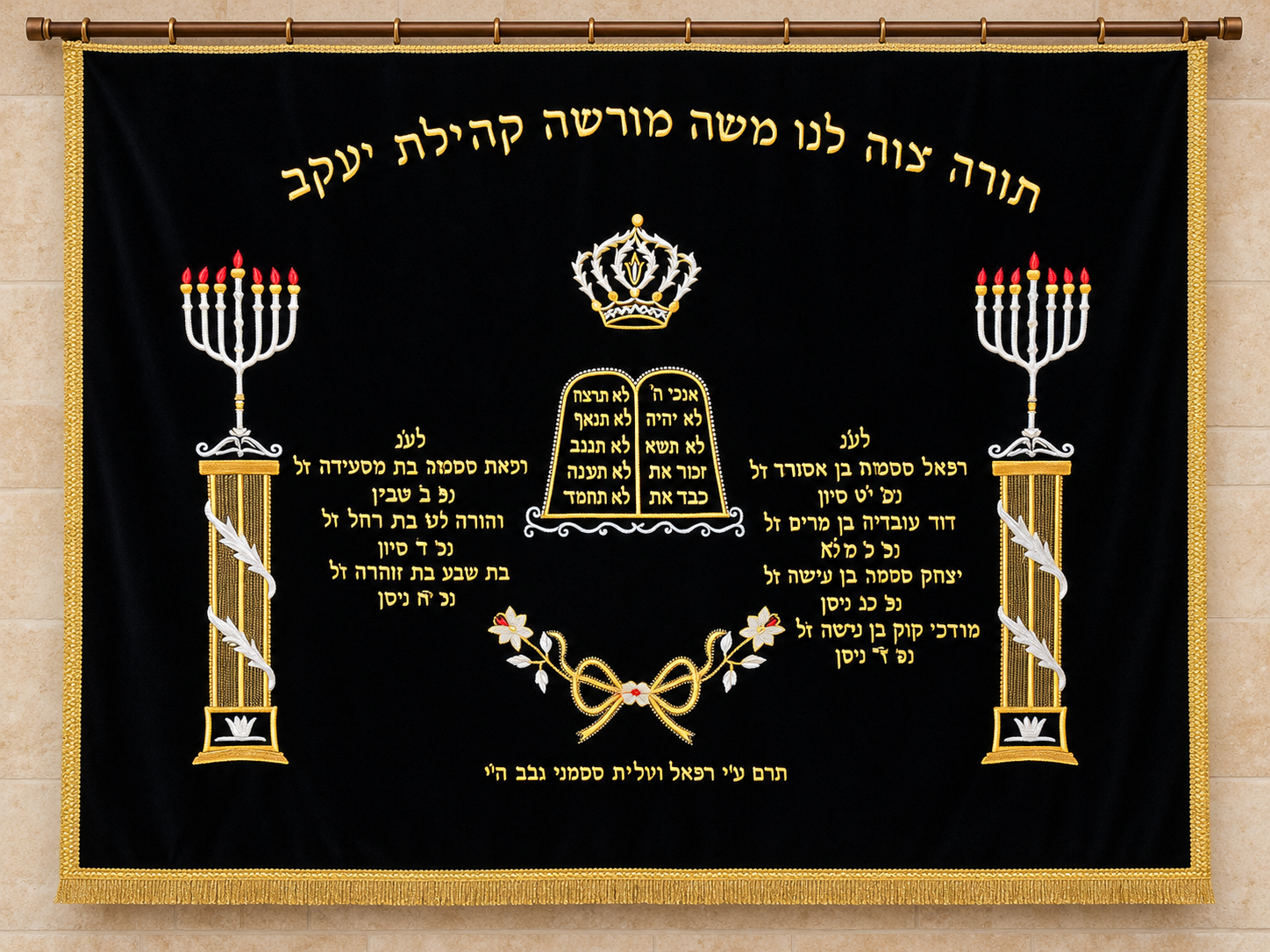 פרוכת לארון קודש מבד עם רקמת זהב וכסף בעבודת מכונה יד מבית מרקוביץ רקמה